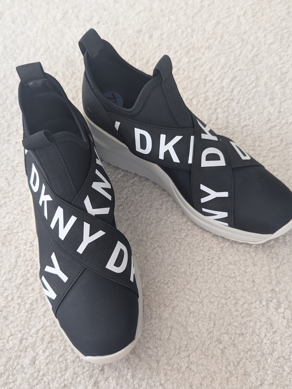 DKNY Black and White Logo Slip-On Platform Sneakers